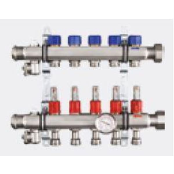 1-1/4" x 1", Union x FPT, 100 PSI, 304 Stainless Steel, 4-Port, Heating and Cooling Manifold with Shut-Off/Balancing Valve/Air Bleeder/Mounting Bracket/Supply Flow Meter Valve