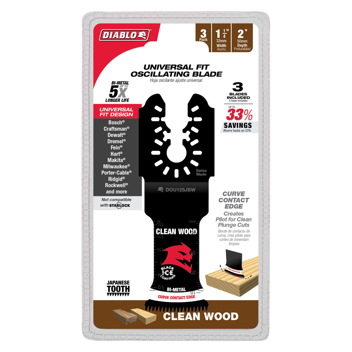 Diablo 1-1/4" Demo Demon™ Universal Fit Bi-Metal Oscillating Blades for Clean Wood (3-Pack)