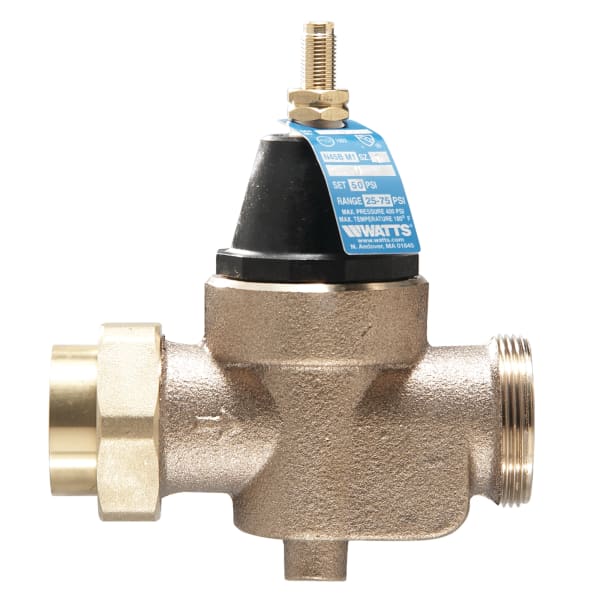 1" Lead Free Water Pressure Reducing Valve, NPT Thread Union x NPT Female, Elastomer Disc, Max Work 400 psi, Adjust 25-75 psi