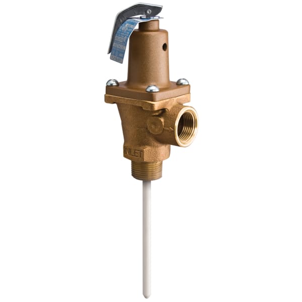 3/4" Lead Free Brass Automatic Reseating T and P Relief Valve, 125 psi, 210 degree F, Test Lever, 5" Extension Thermostat