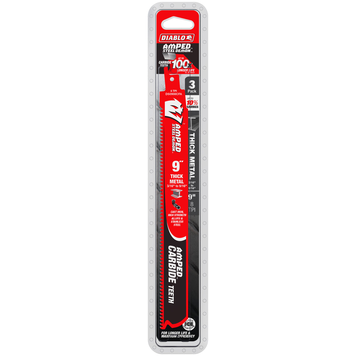 Diablo 9" 8TPI AMPED™ Steel Demon™ Carbide Teeth Reciprocating Saw Blades for Thick Metal (3-Pack)