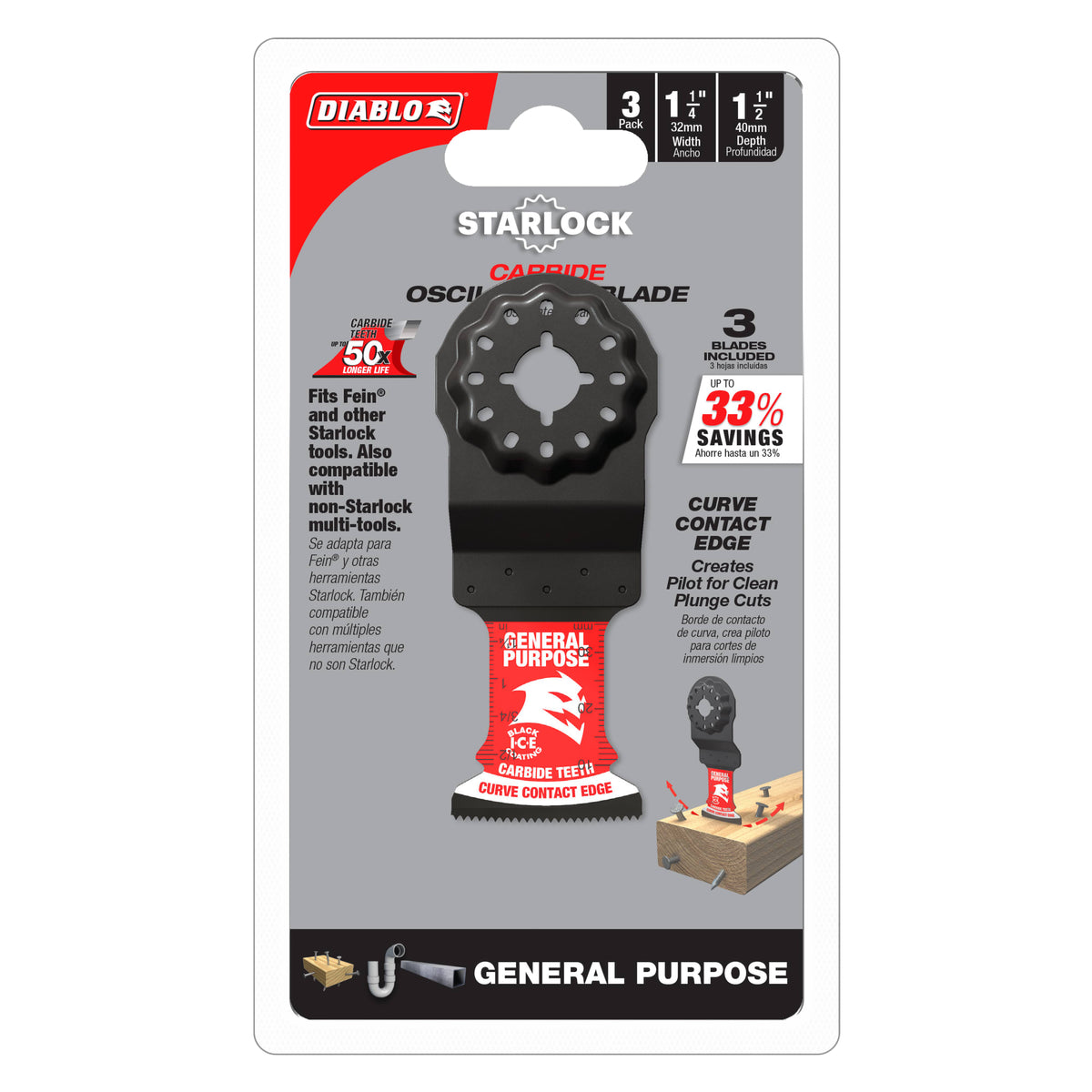 Diablo 1-1/4" AMPED™ Demo Demon™ Starlock Carbide Teeth Oscillating Blades for General Purpose Cuts (3-Pack)