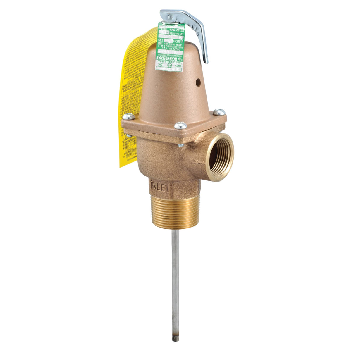 Watts 0318835 1 1/4" Bronze Automatic Reseating Temperature and Pressure Relief Valve, 125 psi, 210 F, 8" Thermostat