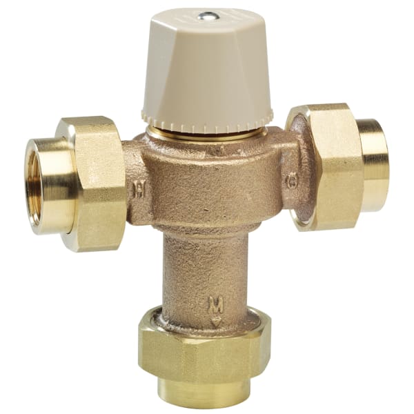 1/2" Lead Free Thermostatic Mixing Valve, Threaded Union End Connection, Adjustable Out 80-120 F
