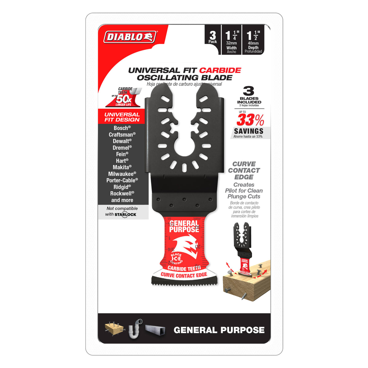 Diablo 1-1/4" AMPED™ Demo Demon™ Universal Fit Carbide Teeth Oscillating Blades for General Purpose Cuts (3-Pack)