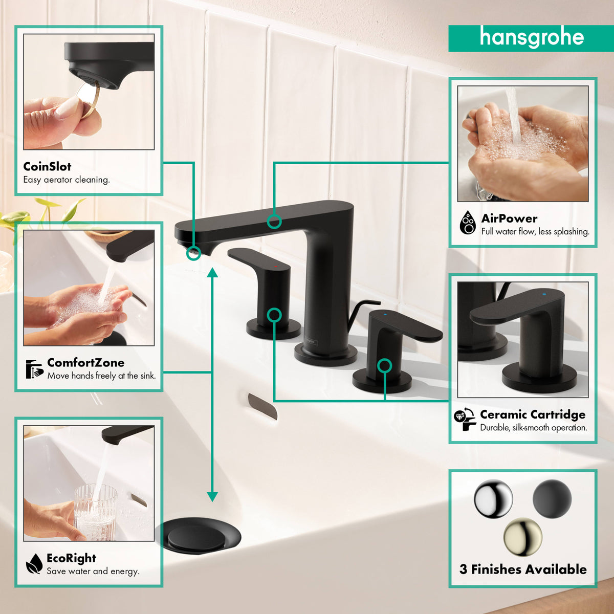 hansgrohe Rebris S Widespread Faucet 110 with Pop-Up Drain, 1.2 GPM in Matte Black