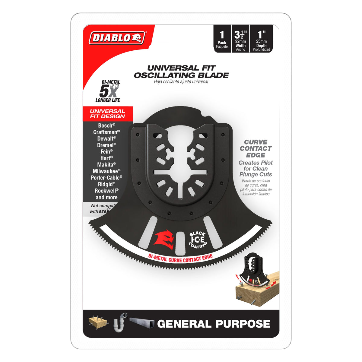 Diablo 3-1/2" Demo Demon™ Universal Fit Bi-Metal Oscillating Blade for General Purpose Cuts