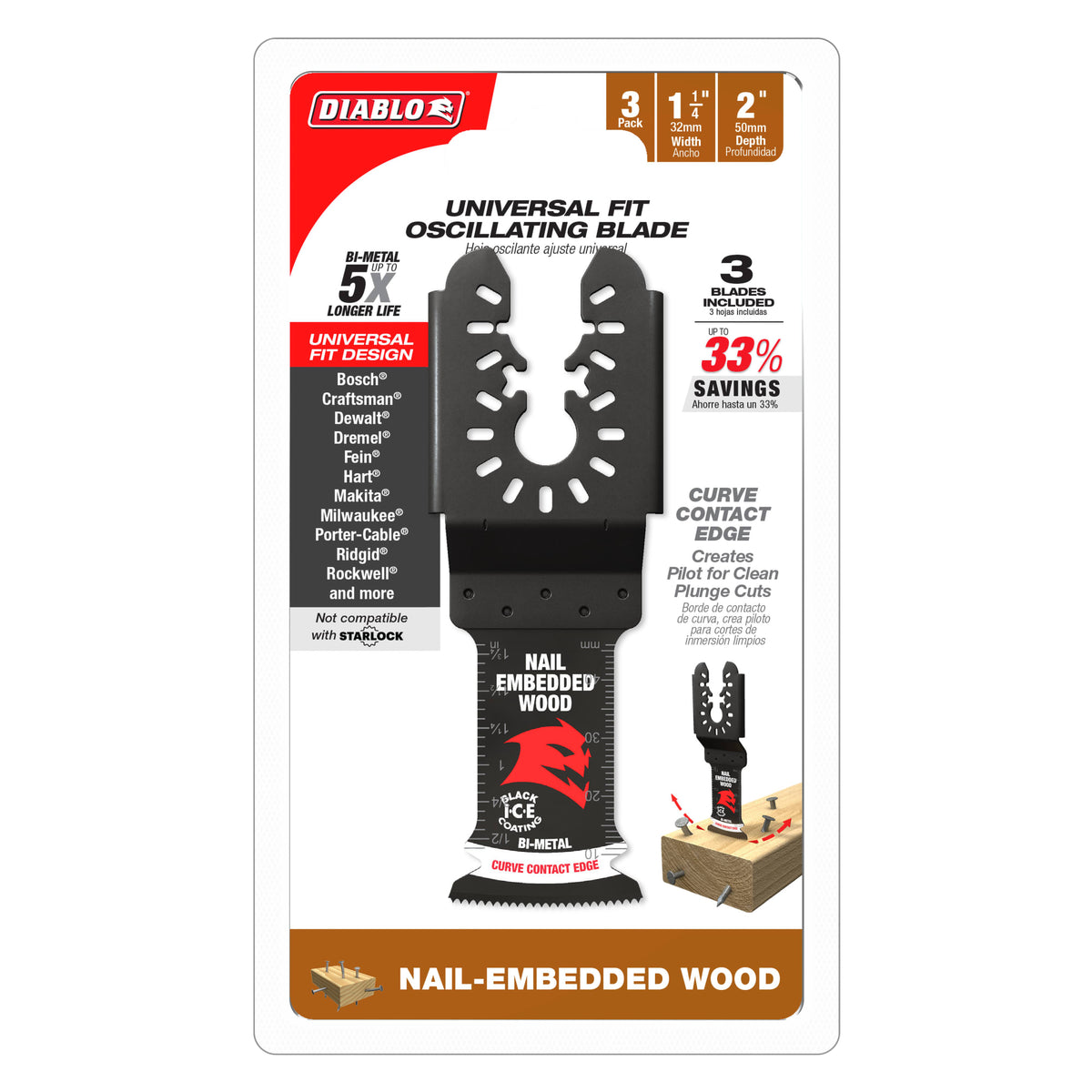 Diablo 1-1/4" Demo Demon™ Universal Fit Bi-Metal Oscillating Blades for Nail-Embedded Wood (3-Pack)