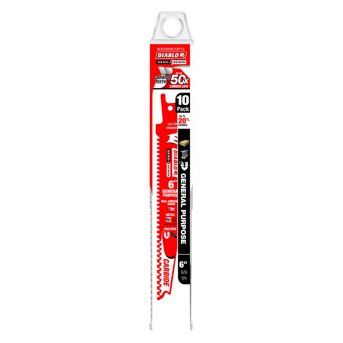 Diablo 6" 6/9TPI Demo Demon™ Carbide Teeth Reciprocating Saw Blades for General Purpose Cuts (10-Pack)