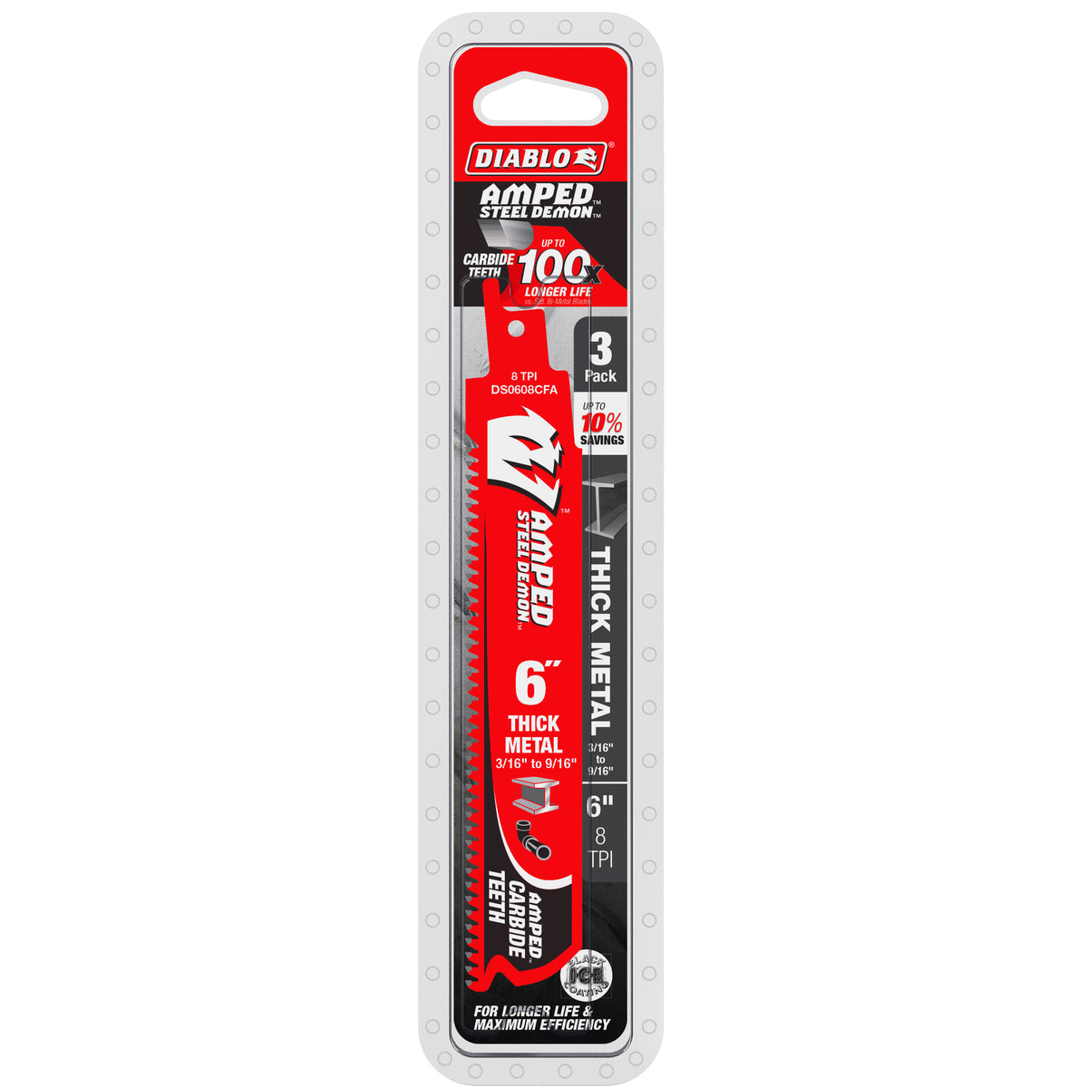Diablo 6" 8TPI AMPED™ Steel Demon™ Carbide Teeth Reciprocating Saw Blades for Thick Metal (3-Pack)