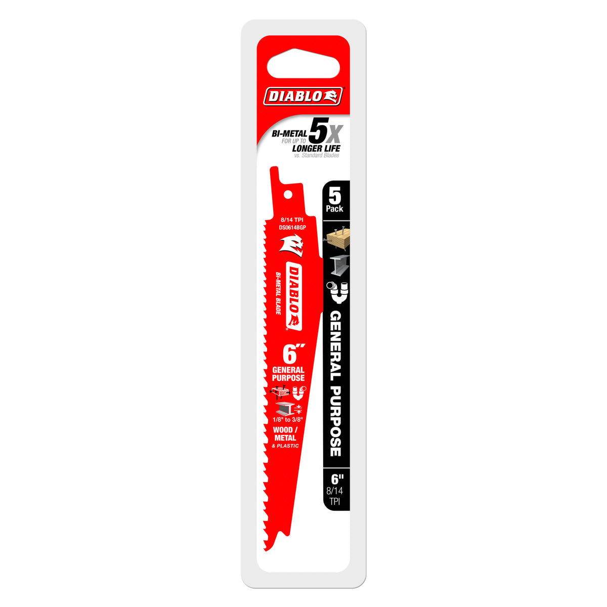 Diablo 6" 8/14TPI Bi-Metal Reciprocating Saw Blades for General Purpose Cuts (5-Pack)