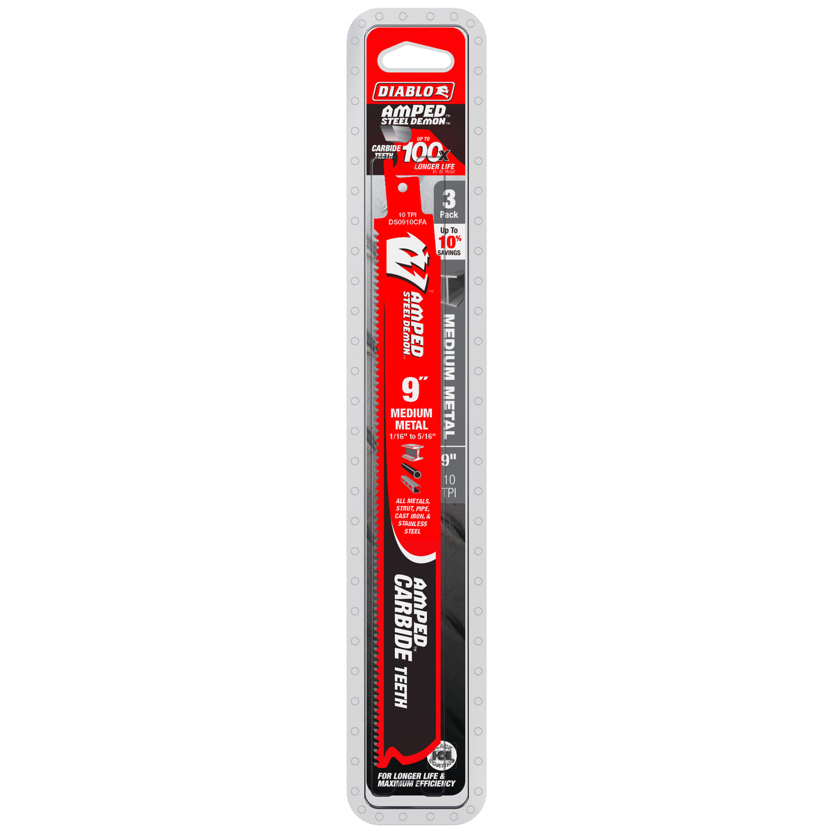 Diablo 9" 10TPI AMPED™ Steel Demon™ Carbide Teeth Reciprocating Saw Blades for Medium Metal (3-Pack)