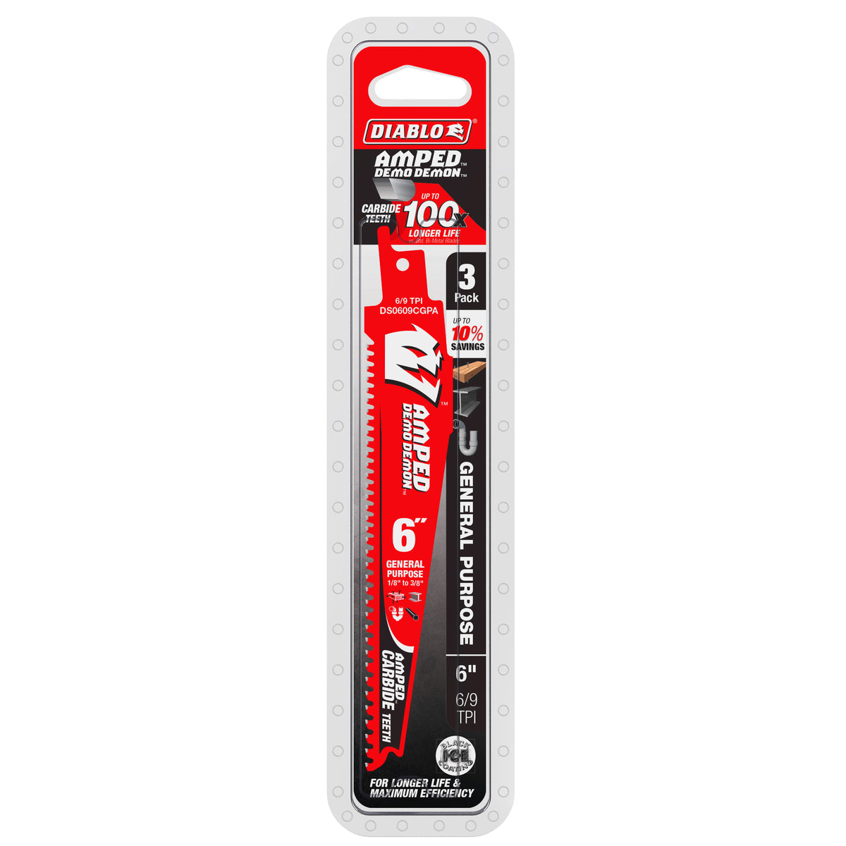 Diablo 6" 6/9TPI AMPED™ Demo Demon™ Carbide Teeth Reciprocating Saw Blades for General Purpose Cuts (3-Pack)