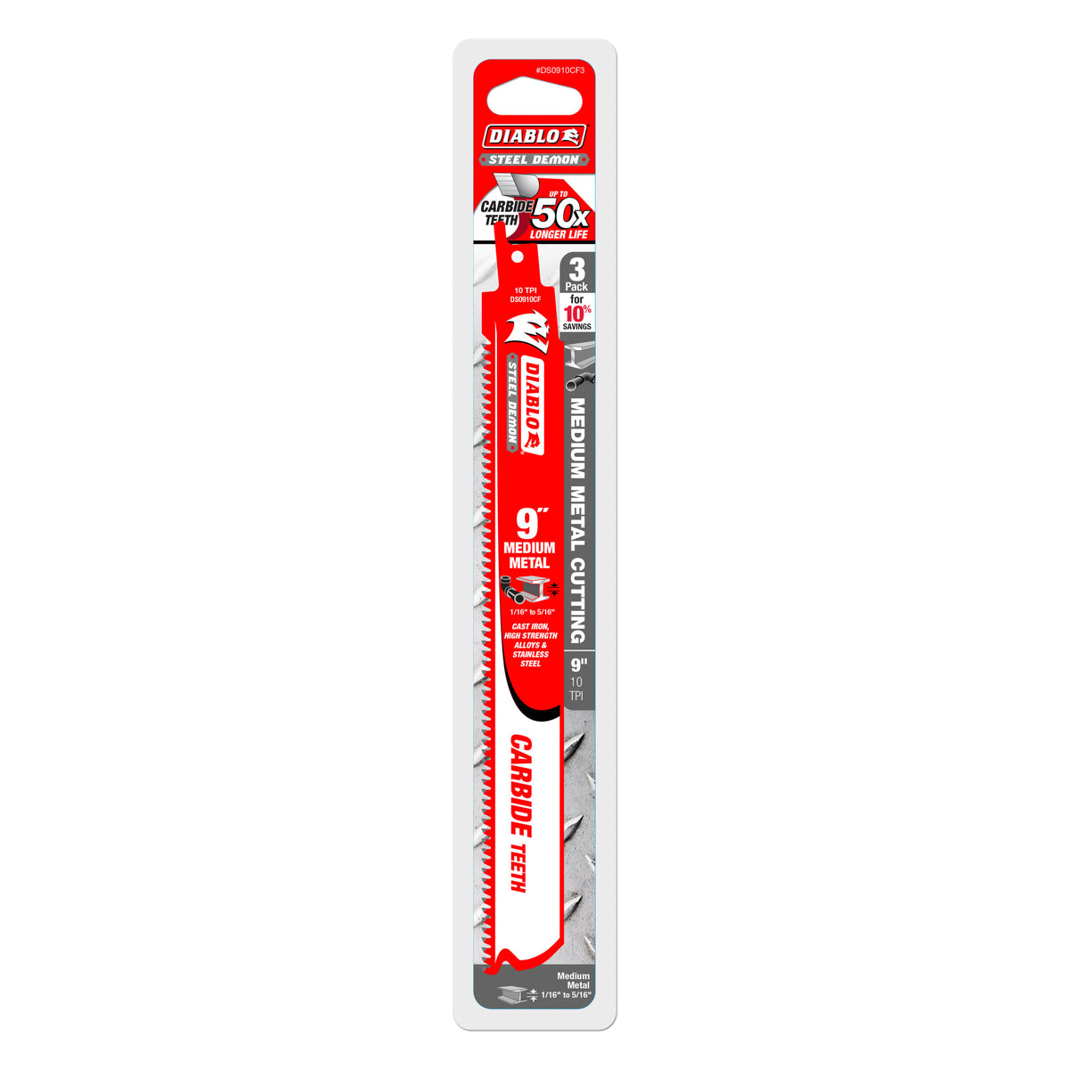 Diablo 9" 10 TPI Steel Demon™ Carbide Teeth Reciprocating Saw Blades for Medium Metal (3-Pack)