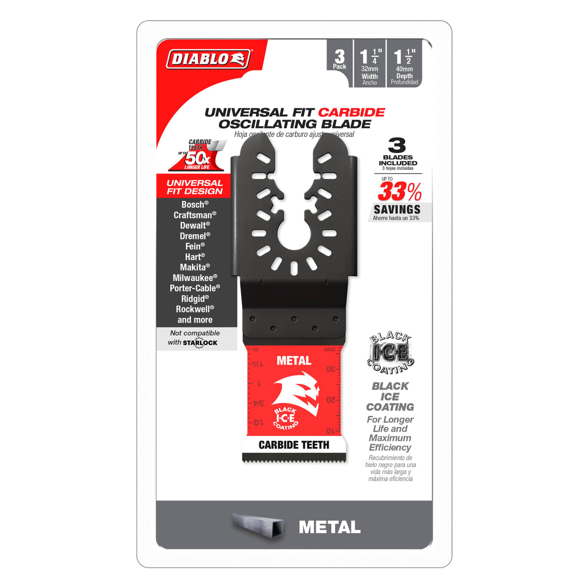 Diablo 1-1/4" AMPED™ Steel Demon™ Universal Fit Carbide Teeth Oscillating Blades for Metal (3-Pack)