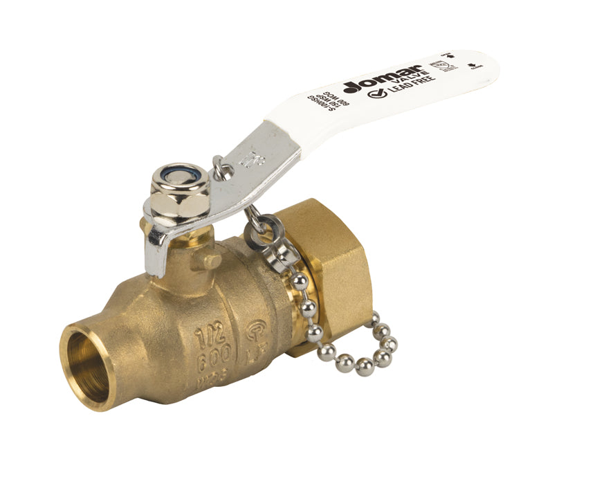 Jomar 100-664G 3/4" Sweat x Hose - Full Port, 2 Piece, Solder x Hose Connection, 600 WOG, Stainless Steel Ball and Stem with Cap and Chain