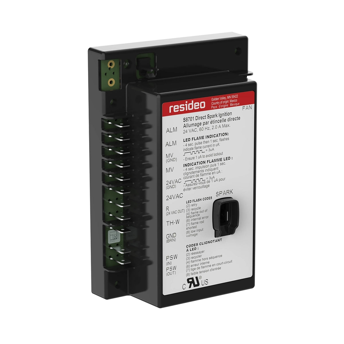 Resideo S8701A1122/U Direct Spark Ignition Module, 2-Rod, 21 sec Trial, Alarm Terminal