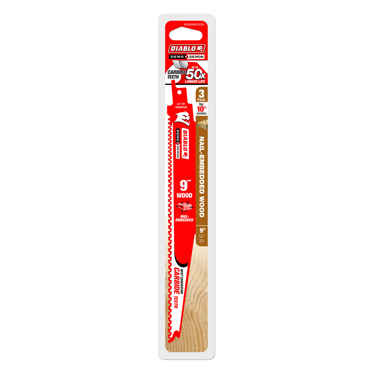Diablo 9" 5/7 TPI Demo Demon™ Carbide Teeth Reciprocating Saw Blades for Nail-Embedded Wood (3 Pack)