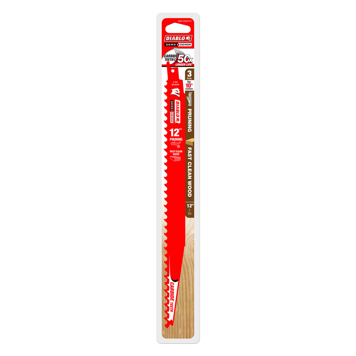 Diablo 12" 3TPI Demo Demon™ Carbide Teeth Reciprocating Saw Blades for Pruning and Clean Wood (3-Pack)