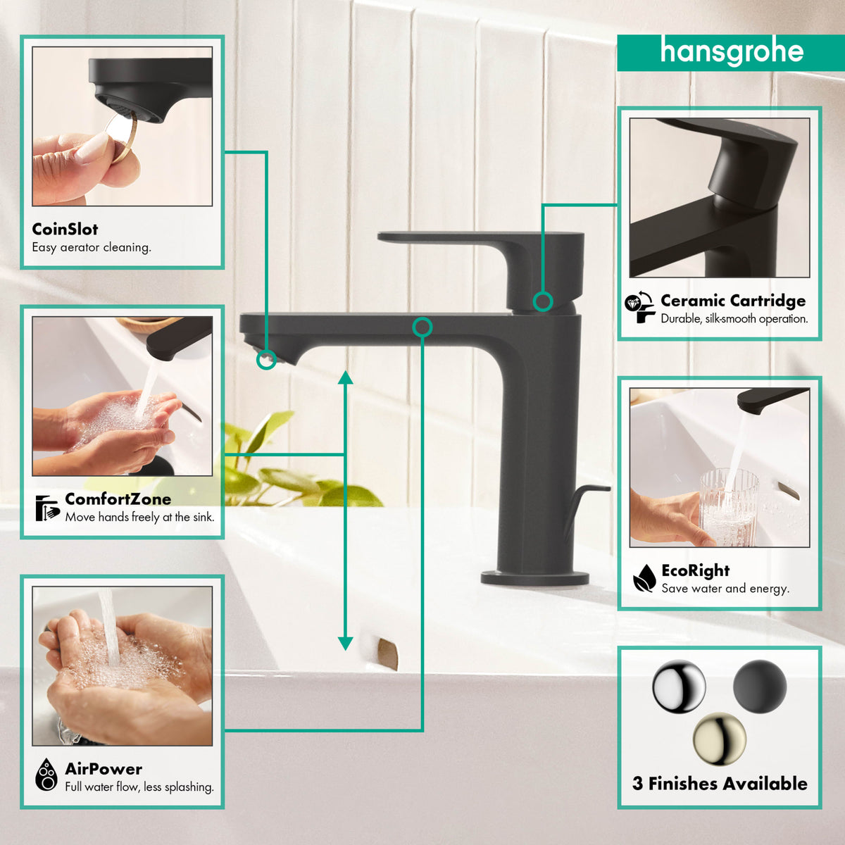 hansgrohe Rebris S Single-Hole Faucet 110 with Pop-Up Drain, 1.2 GPM in Matte Black