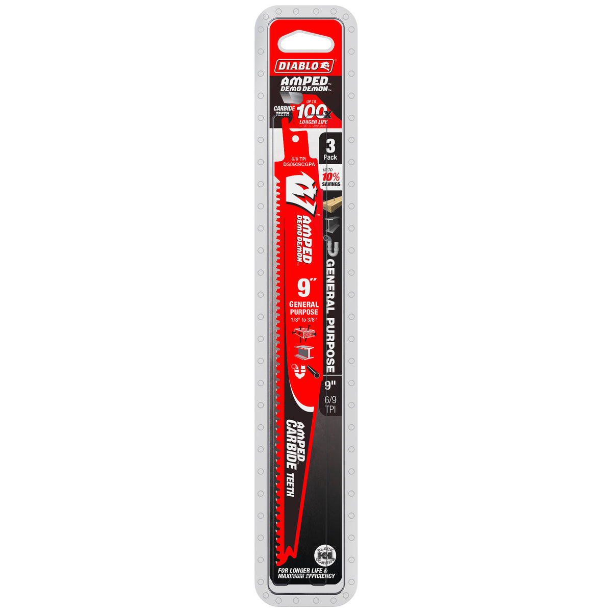 Diablo 9" 6/9TPI AMPED™ Demo Demon™ Carbide Teeth Reciprocating Saw Blades for General Purpose Cuts (3-Pack)
