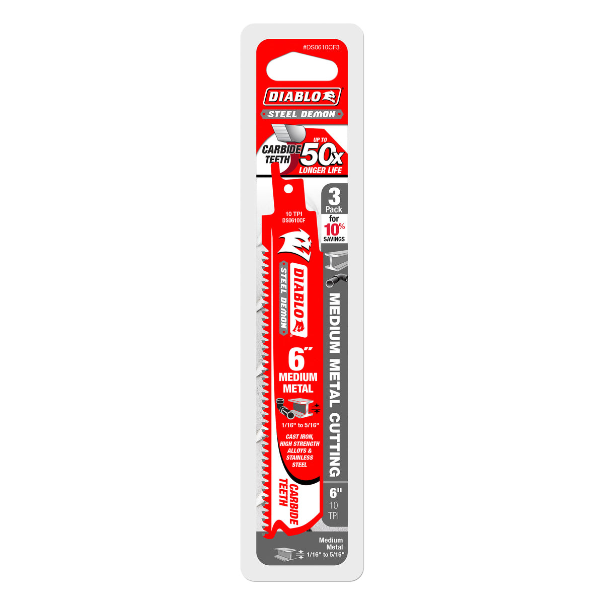 Diablo 6" 10 TPI Steel Demon™ Carbide Teeth Reciprocating Saw Blades for Medium Metal (3-Pack)